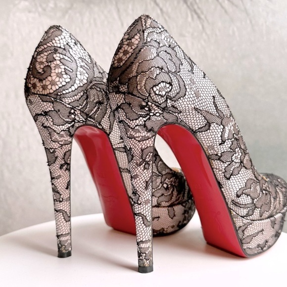 🌺CHRISTIAN LOUBOUTIN 👠 Pink Satin And Black Lace Platform Pump Size: 35.5 - Picture 9 of 13